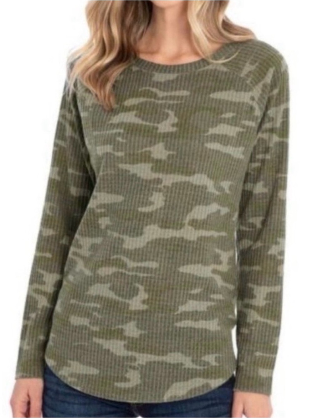 Camo Ribbed Long-Sleeve Top - Olive Green - Picture 2 of 7